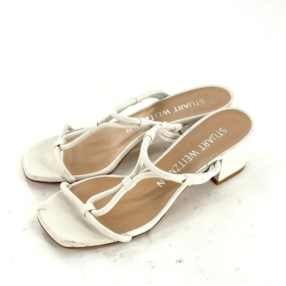 Stuart Weitzman Leather T Strap Heels 8 White Sandals Bridal Wedding Grad